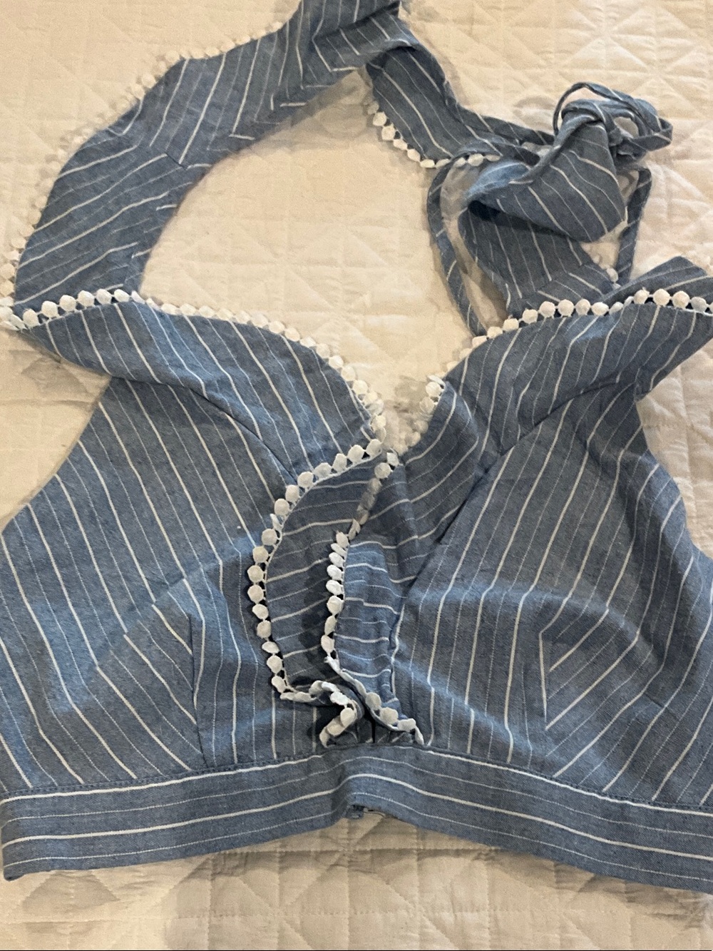 Striped Blue Halter Crop Top with Pom Trim